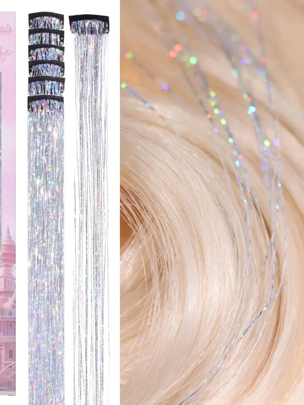 Hair Tinsel Clip In for Girls Silver, 6pcs 24 inch Clips Tinsel Hair Extensions